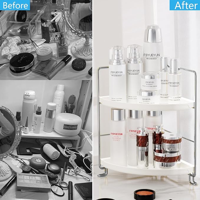 FSyueyun 2-Tier Corner Bathroom Counter Organizer, Tool-Less Installation Vanity Shelf Small Plastics Countertop Makeup Tray 