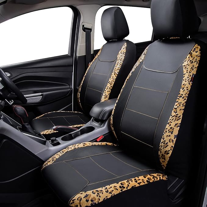 Flying Banner car seat Covers Protects Leopard Printing Velvet Faux Leather Carbon Fiber Front and Rear Bench (Leopard Brown 