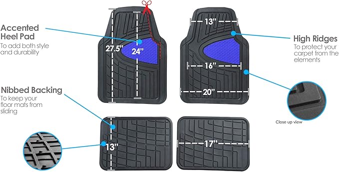 FH Group Premium Liners Tall Channel Trimmable All Weather Rubber Full Set Car Floor Mats (Blue) w. Trimmable All-Season Cargo Liner (Black) - Universal Fit for Cars Trucks and SUVs