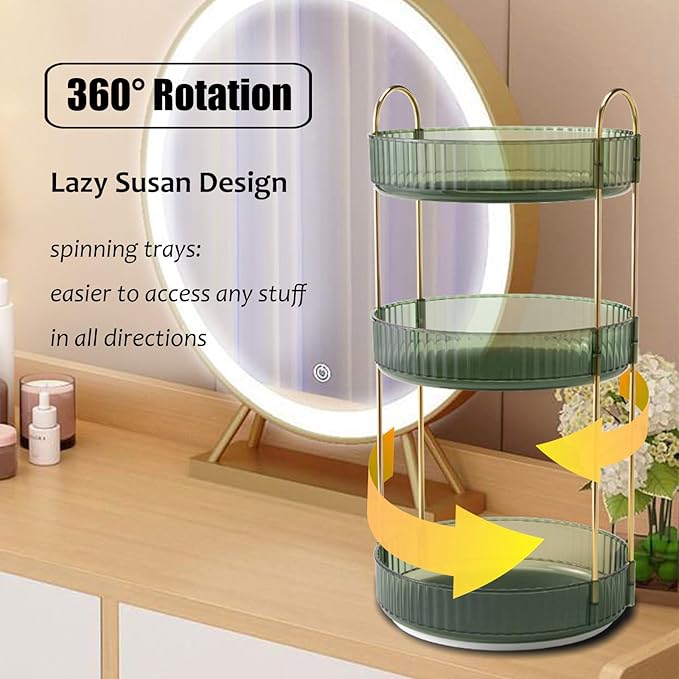 Rotating Makeup Organizer Countertop 3 Tier Lazy Susan Trays Clear Skincare Perfume Storage for Bathroom Counter Vanity, Gree
