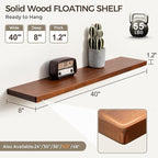 Fun Memories 40 Inch Floating Shelves, Rustic Solid Wood Wall Shelves Set of 2, 8 Inch Deep Floating Shelf for Bathroom, Bedr