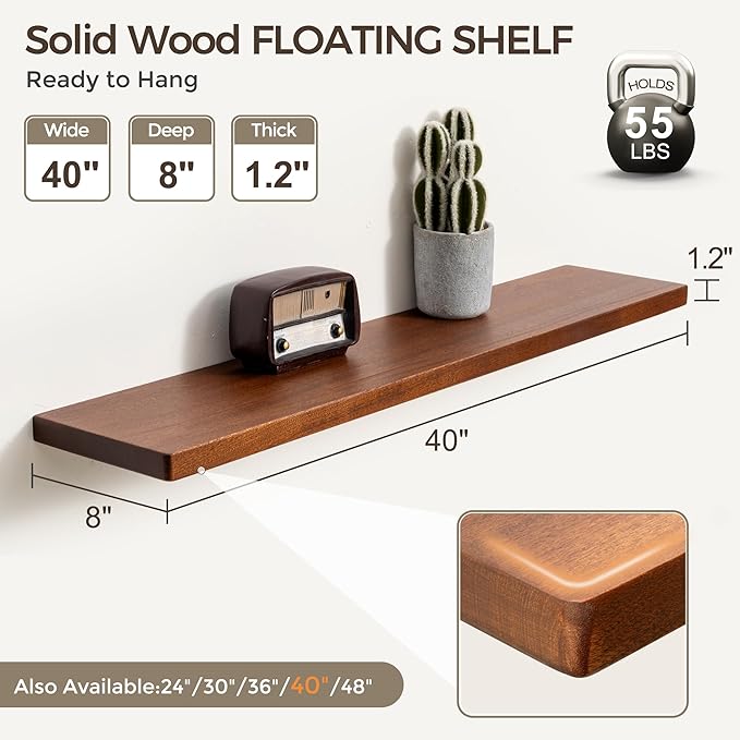Fun Memories 40 Inch Floating Shelves, Rustic Solid Wood Wall Shelves Set of 2, 8 Inch Deep Floating Shelf for Bathroom, Bedr