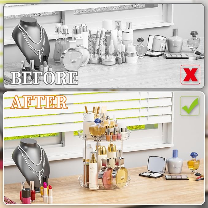 Yieach Clear 360 Rotating Bathroom Counter Organizer,2 Tier Spinning Perfume Organizer and Makeup Tower for Lotion,Hair,Face 