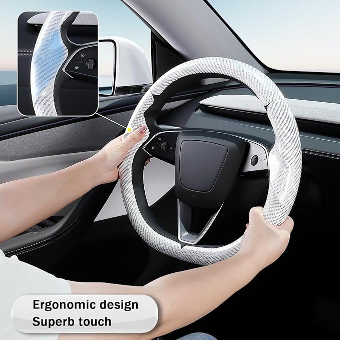 Steering Wheel Cover for Tesla Model 3 2024-Present Highland/Tesla Model Y Juniper 2025-Present, Carbon Fiber Steering Wheel Cover for Tesla Model 3 Highland/Y Juniper Accessories, Glossy White