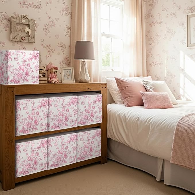 Geelin 6 Pcs Pink Floral Cube Storage Bins 11 Inch Pink Flower Storage Basket with Handle, Preppy Girls Organizer Basket, Col