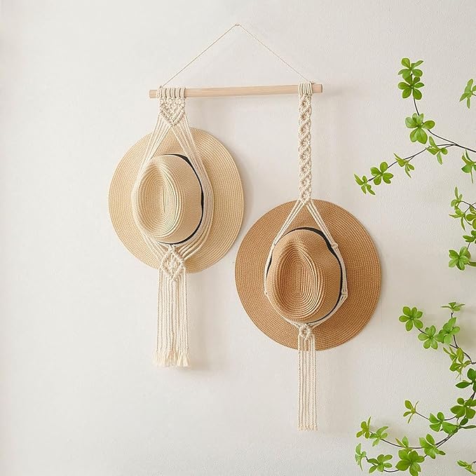 Tissting Macrame Hat Hangers Boho Hat Rack for Wall Hat Holder Display Organizer Bobo Hanging Hat Organizer Storage for Wide 