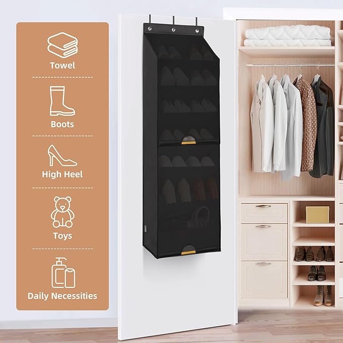 STORAGE MANIAC Over the Door Shoe Organizer with Curtain Dustproof Heavy-Duty Large Deep Pocket Hanging Shoe Organizer for Cl