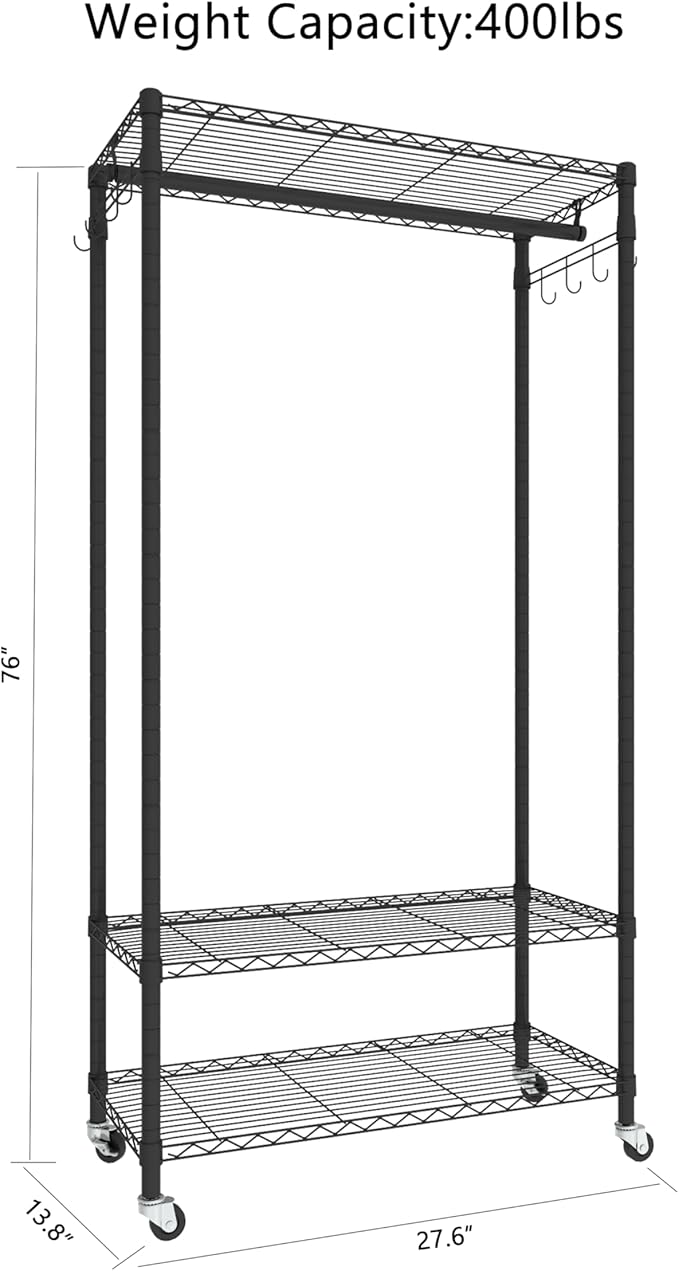Rolling Portable Garment Rack,Freestanding Clothes Racks, Portable Closet Wardrobe with 3 Adjustable Wire shelves,2 Side Hook