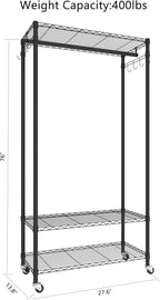 Rolling Portable Garment Rack,Freestanding Clothes Racks, Portable Closet Wardrobe with 3 Adjustable Wire shelves,2 Side Hook