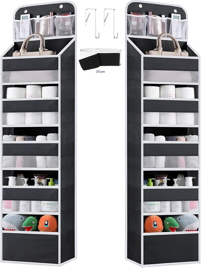 Over the Door Organizer Storage - 5 Tier Hanging Storage shelves Door Organizer with Pockets, Anti Tilt 44 lb Load Behind Doo