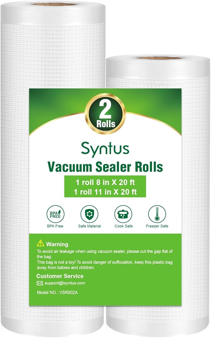 Syntus Vacuum Sealer Bags, 2 Pack 1 Roll 11" x 20' and 1 Roll 8" x 20' Commercial Grade Bag Rolls, Food Vac Bags for Storage,