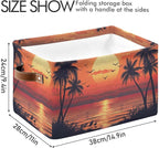 xigua Summer Palm Trees Storage Basket Collapsible Storage Bins Waterproof Canvas Storage Basket with Leather Handles for Hom