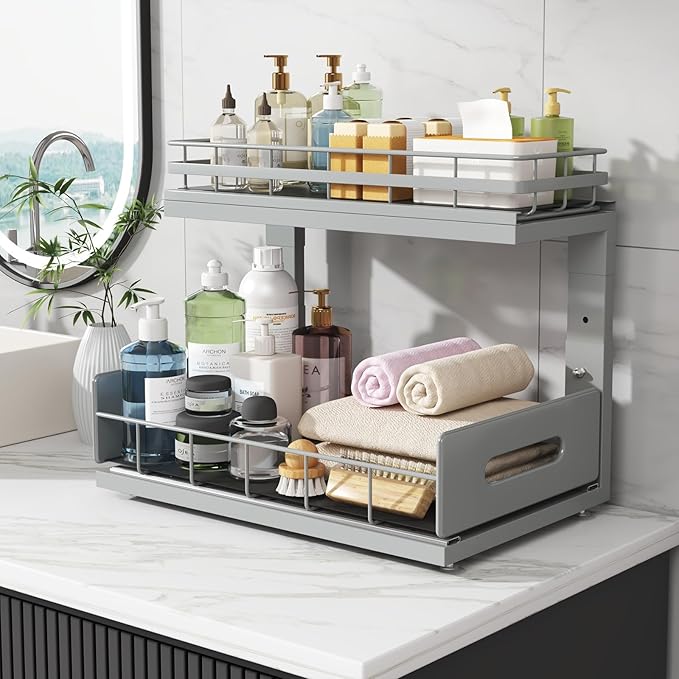 Under Sink Organizer Upgrade To Professional Rails,2-Tier Dual Pull Out Cabinet Storage,Height Adjustable Slide Out Drawers F
