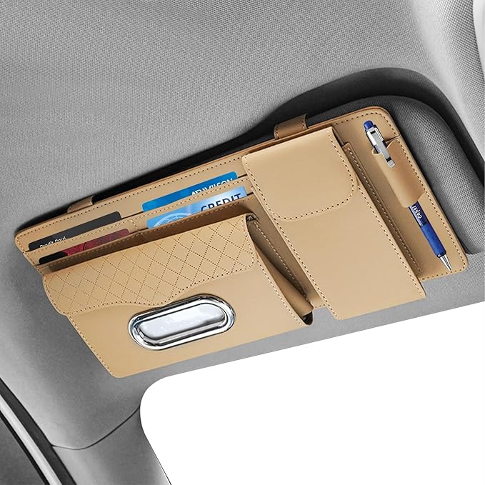 Multi-Pocket Car Visor Organizer with Zippered Compartments - 6-Pocket Sun Visor Storage Pouch for Sunglasses, Phone, Keys, Cards - Universal Fit for Cars, Trucks, SUVs (Beige)