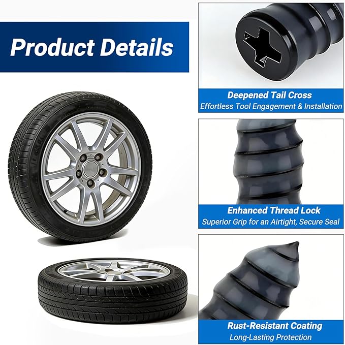 61PCS Tire Repair Rubber Nail Kit, Premium Spiral Screw-in Tire Plugs with 2 Sizes, Emergency Roadside Flat Tire Fix Tool for