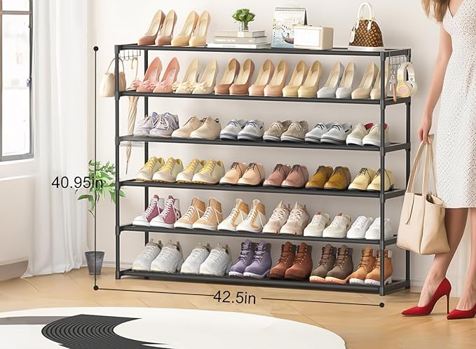 LUKYTOWER Extra Long Shoe Rack 6 Tier 39Pairs, Shoe Storage Organizer with 2 Hooks, Wide Stackable Shoe Organizer Racks for C