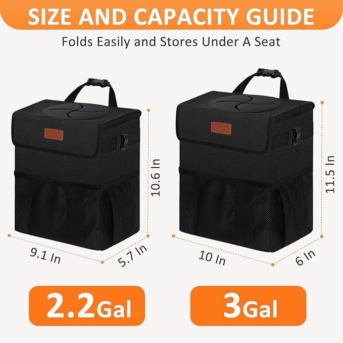 3 Gallons Car Trash Can with Lid, Bag Bin Hanging Waterproof Automotive Car Garbage Cans Leak Proof Vehicle Trash Can Black