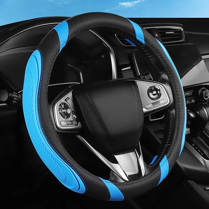 Concave Convex Massage Black Blue Microfiber Leather Steering Wheel Cover, 14.5-15 Inch Non-Slip Breathable Microfiber Car St