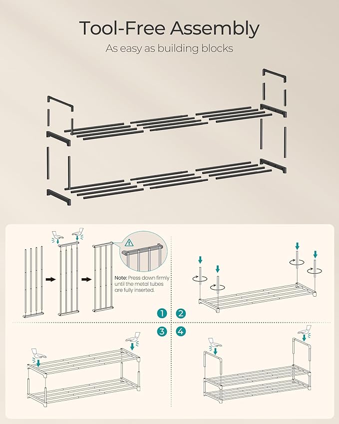 SONGMICS Shoe Rack, 2-Tier Shoe Organizer, Metal Storage Shelf, Upright or Upside Down, for 15-18 Pairs, Stackable, for Entry