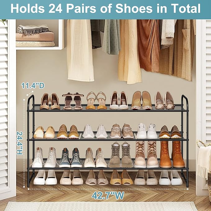 AOODA Long 3 Tier Metal Shoe Rack for Closet Wide Stackable Shoe Storage Organizer for Entryway, Bedroom, Floor, 24-Pairs Men
