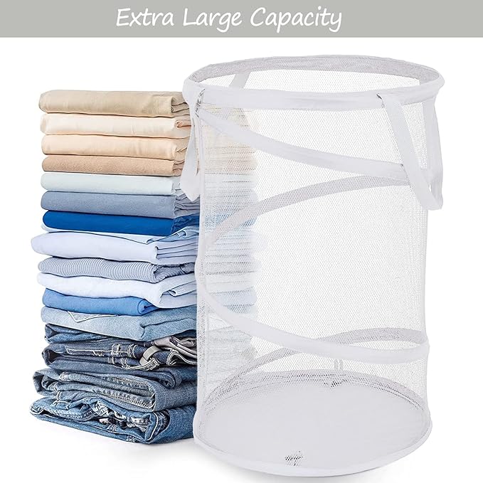 BATTOO 2 Pack White Large Collapsible Laundry Basket Foldable Mesh Pop Up Hamper with Handles for Laundry Room, Bathroom, Kid