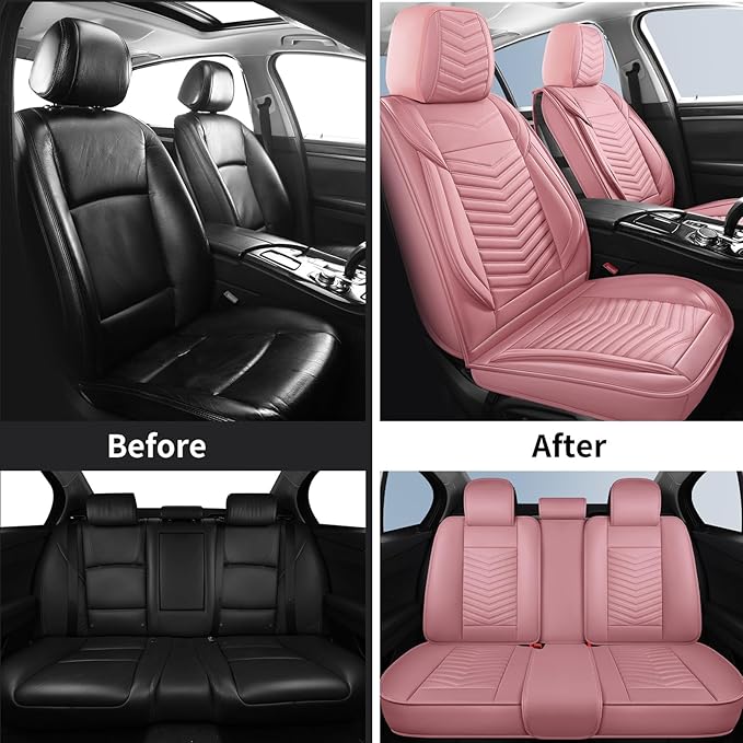 Nappa Leather Car Seat Covers Full Set, Pink Car seat Protector 5 Seats, Waterproof Car Seat Cushion, Universal Automotive Se