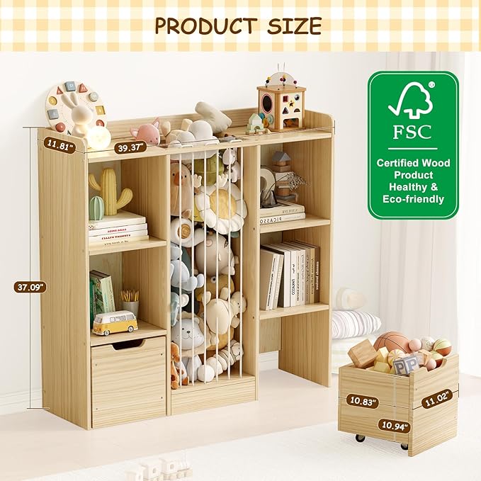 Toy Storage Organizer with Stuffed Animal Storage, Solid Pine Wooden Toy Organizer & Stuffed Animal Zoo, 4 Cubes Shelf with 2