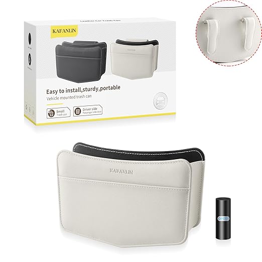 Car Trash Can Small Leather Vehicle Trash Bin Car Dustbin Garbage Organizer Holder with Trash Bag Foldable Mini Cars Storage Bag Container for Auto SUV Van Trucks (White,Clip on)