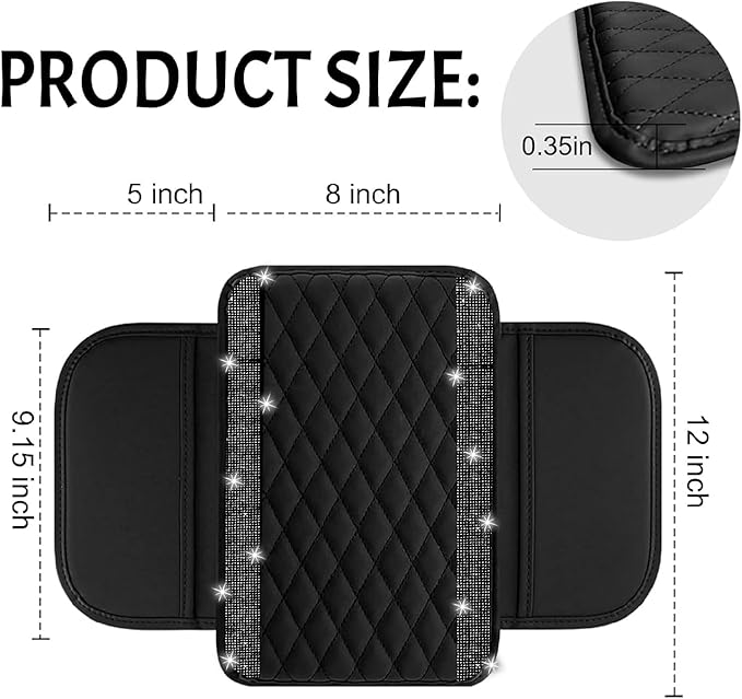 NBTEPEM Bling Car Center Console Cover, Leather Car Arm Rest Cover Cushion with 2 Storage Bags, Universal Automotive Armrest Protector Storage Box, Bling Accessories Interior for Most Vehicles (Black)