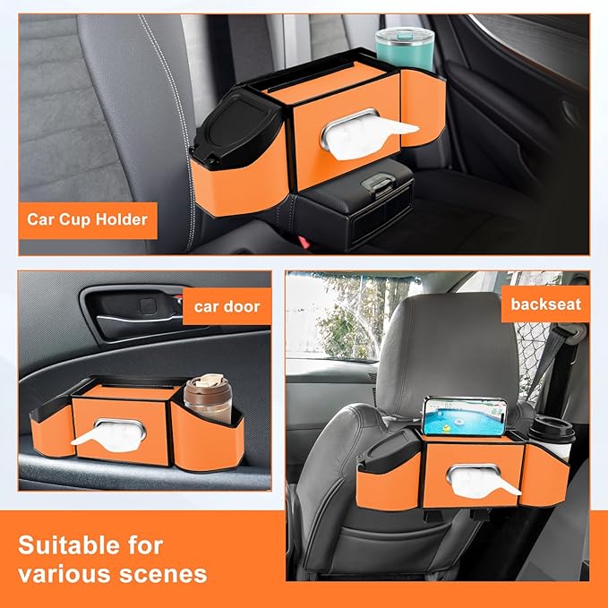 7-In-1 Car Seat Back Organizer with Cup Holders, Tissue Box, Garbage Can&Hooks, Multifunctional Headrest Storage Organizer, Headrest Cup Holder for Backseat, Car Accessories for Trips, Travels(Orange)