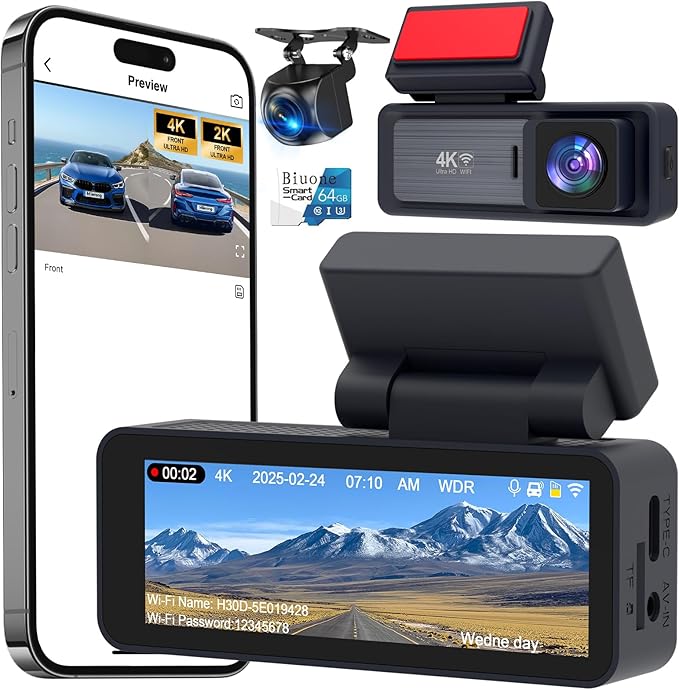 4K Dash Cam, 4K+2K Dash Cam Front and Rear W/ 5GHz WiFi & APP Control 64GB Included, 3.2" IPS Screen Car Dash Cam W/ 24H Park