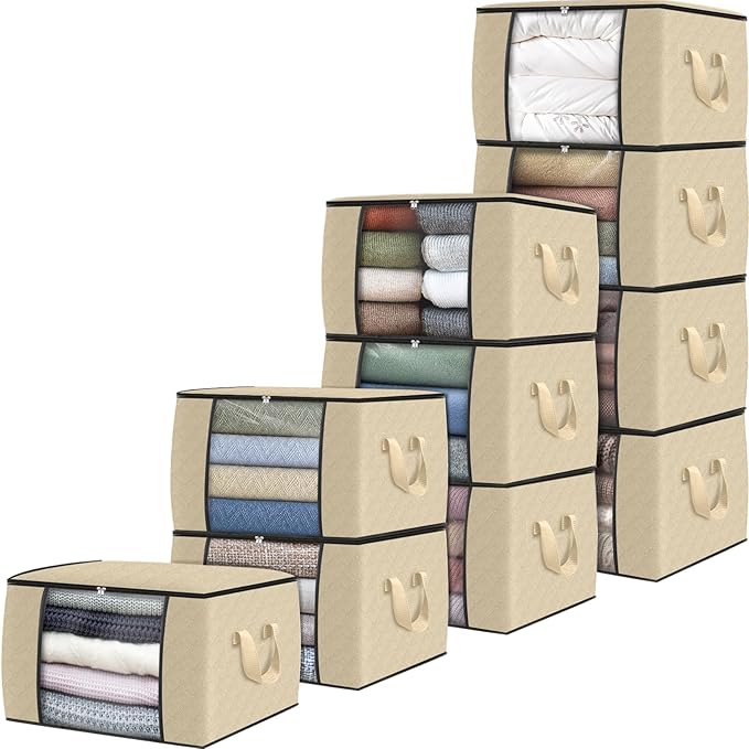 Fab totes 10 Pack Clothes Storage, Foldable Thick Fabric Blanket Storage Bags, Containers for Organizing Bedroom, Closet, Clo