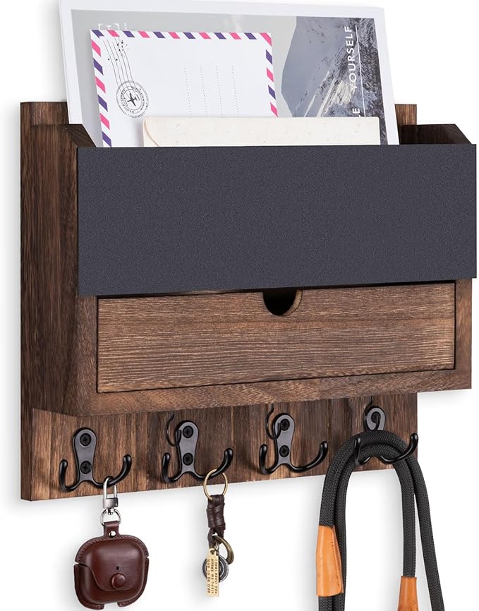 Mail and Key Holder Wall Mount with Storage Drawer – Modern Wooden Mail Organizer for Wall Entryway, 7 Key Hooks & Chalkboard