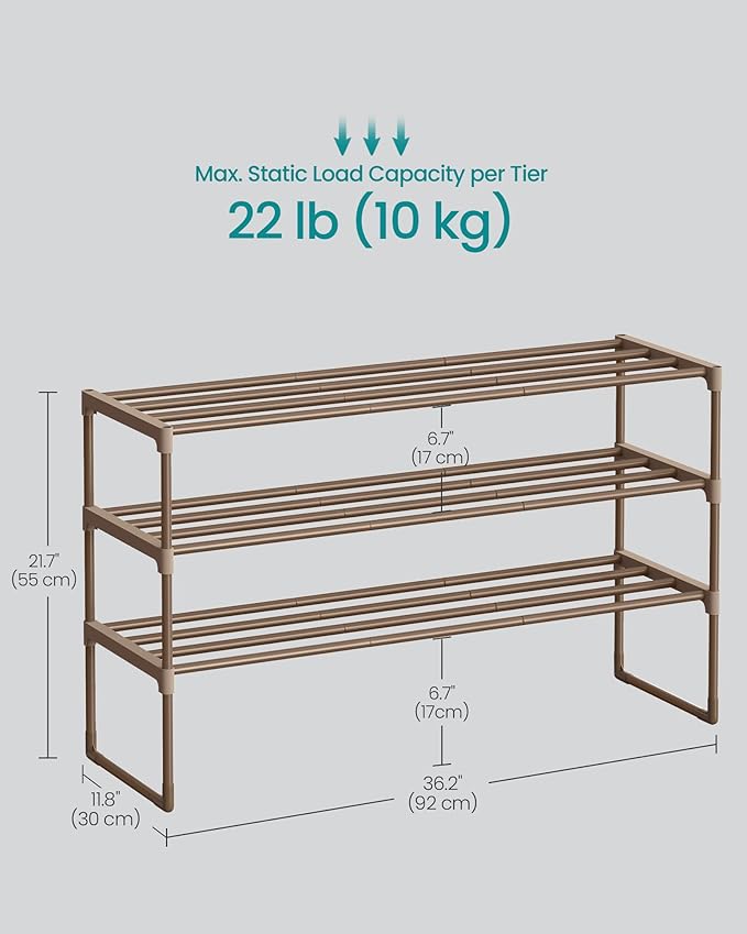 SONGMICS Shoe Rack, 3-Tier Shoe Organizer, Metal Storage Shelf, Upright or Upside Down, for 16-20 Pairs, Stackable, for Entry