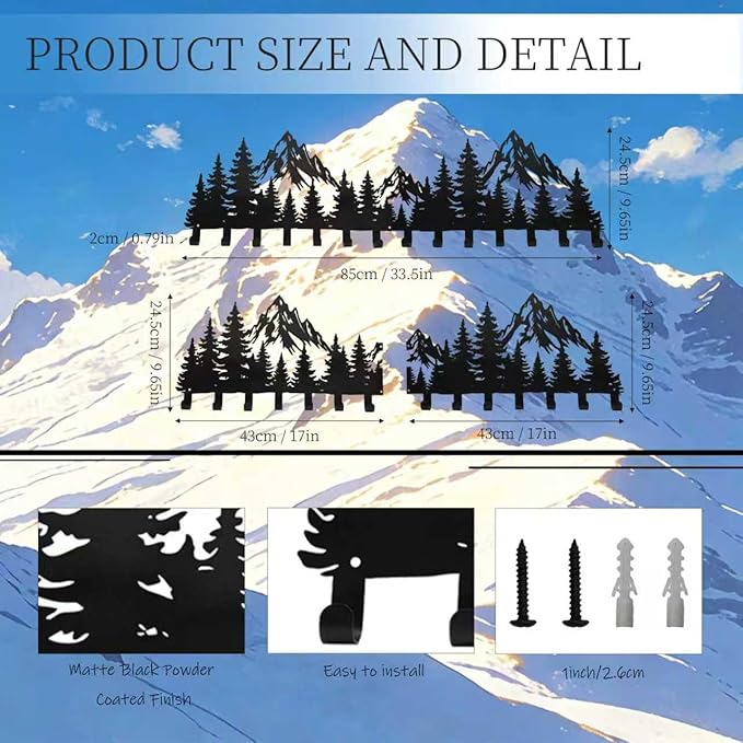 Large Black Mountain Wall Decor Coat Rack with 14 Hooks, Decorative Forest Wall Hanger for Cabin Entryway Front Door Bathroom