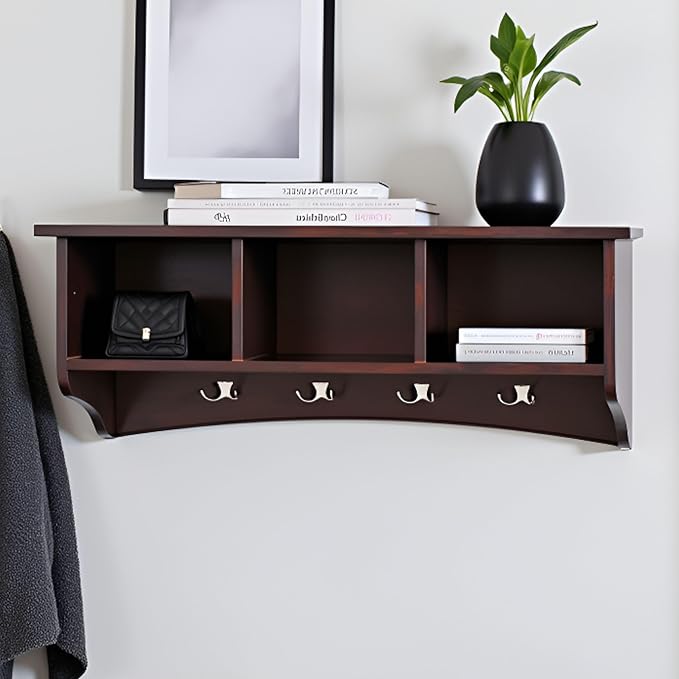 Shaker Cottage Wall-Mounted Coat Rack with 3 Storage Cubbies and 4 Hooks – Space-Saving Storage Rack and Wall Shelf Organizer