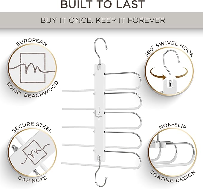 MORALVE Pants Hangers Space Saving - 4 Pack European Beechwood Scarf and Jean Hangers - Closet Organizer and Space Saver Pant