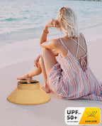 Sun Visor Hat for Women, Wide Brim Straw Summer UV Protection Hat, Foldable Roll-up Packable Beach Cap
