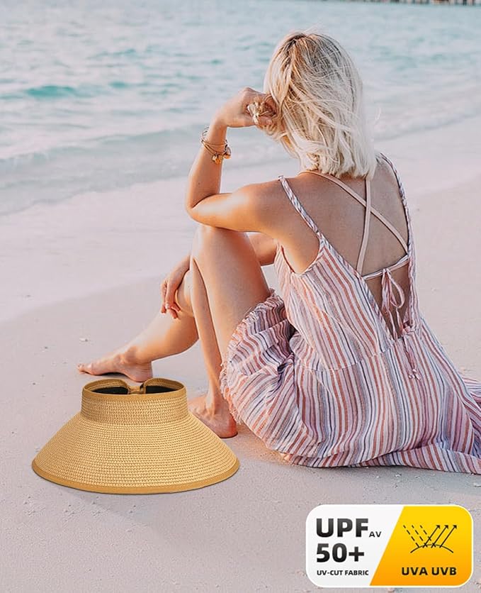 Sun Visor Hat for Women, Wide Brim Straw Summer UV Protection Hat, Foldable Roll-up Packable Beach Cap
