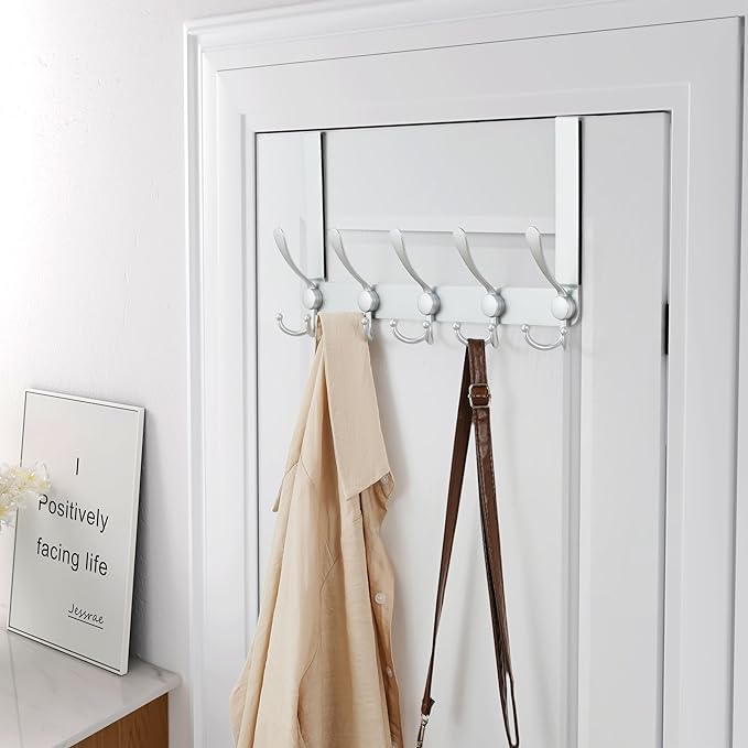 Dseap Over The Door Hook Hanger - Fits 1 3/8" to 1 3/4" Standard Doors | 5 Tri Hooks Heavy Duty Towel/Coat Rack | Door Organi
