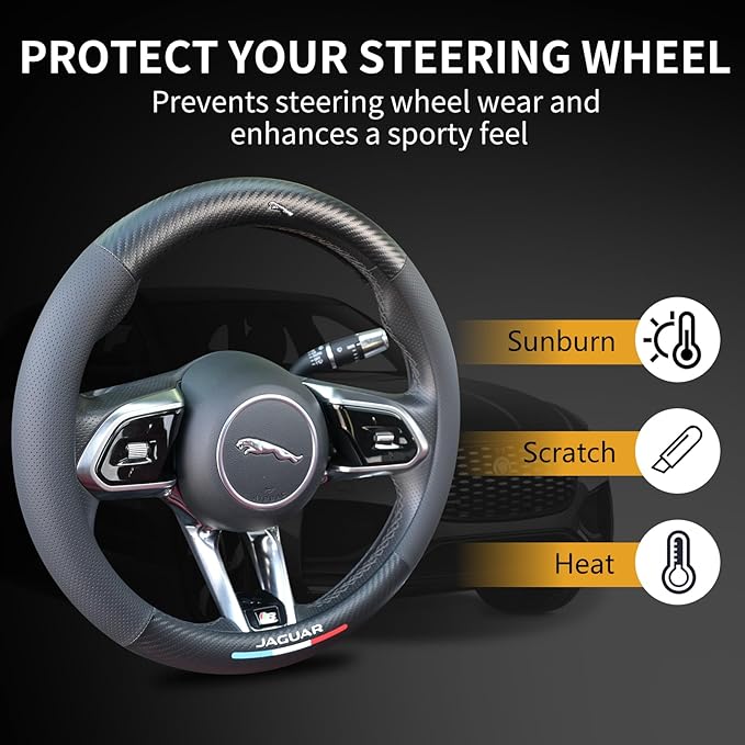 Carbon Fiber Leather Steering Wheel Cover Compatible with Jaguar F-PACE E-PACE XF XE XJ F-Type I-PACE, 14.5"-15" Universal Non-Slip Breathable PU Leather Jaguar Interior Accessories