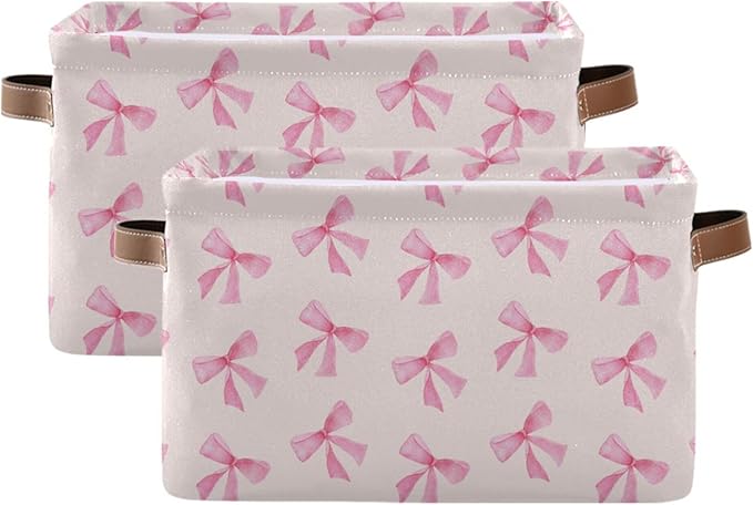 xigua Bow Storage Basket Collapsible Toy Storage Bins Waterproof Canvas Storage Basket with Leather Handles for Home Closets 