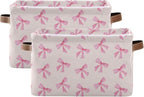 xigua Bow Storage Basket Collapsible Toy Storage Bins Waterproof Canvas Storage Basket with Leather Handles for Home Closets 