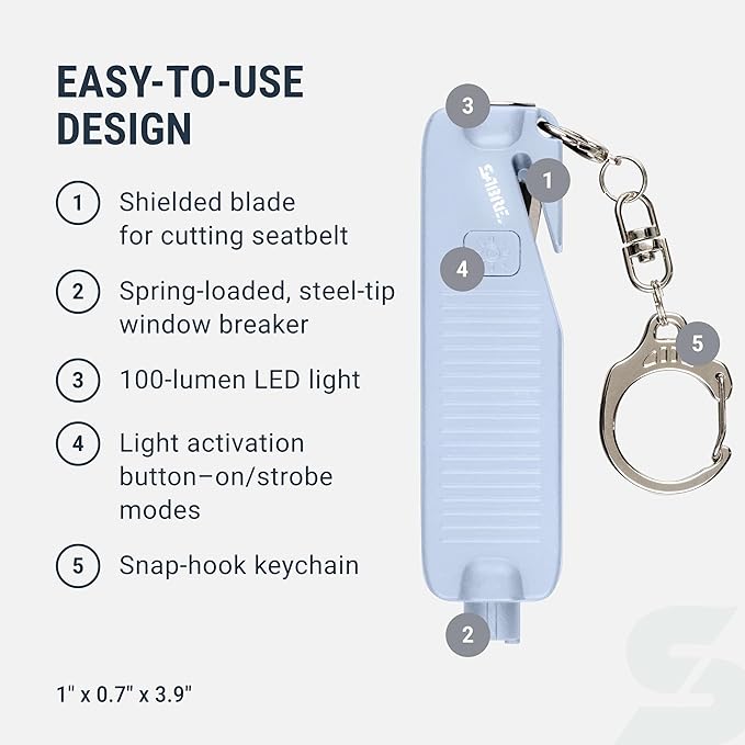 Sabre Safe Escape™ 3-in-1 Car Escape Tool for Car Safety with Spring-Loaded Window Breaker, No Swing Required, Seat Belt Cutt