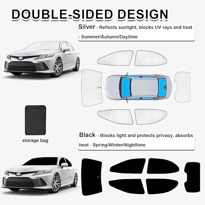 KMF 6pcs Thicken Sun Shades for Toyota Camry 2018-2024 Accessories,Full Window Car Window Covers Sunshade for Windshield Side Rear, UV Block and Blackout Privacy for Camping Outdoor