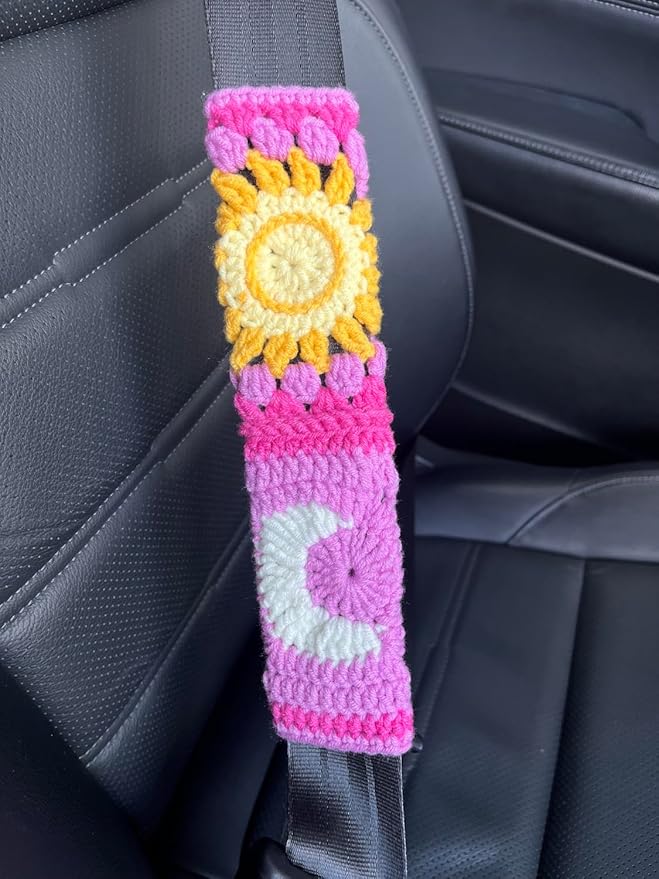 Handmade Crochet Sun and Moon Car Steering Wheel Covers Universal 14-15 inch for Women and Men (A,Steering Wheel Cover+2 Belt Cover)