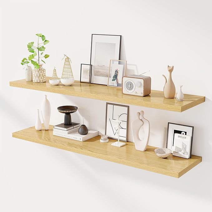 Dreamland 55" Floating Shelves for Wall, 12" Deep Slim Oak Floating Shelves, Wall-Mounted Shelves for Bedroom, Living Room, K