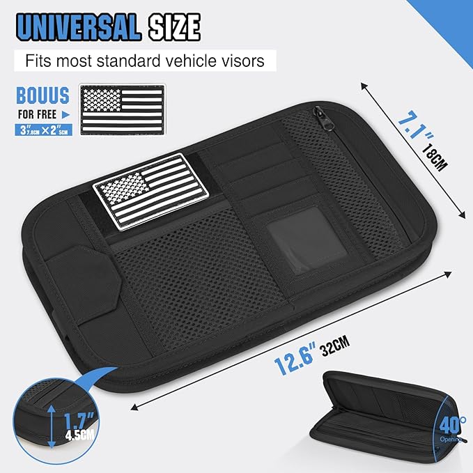 HUANLANG Car Sun Visor Organizer, Tactical Car Accessories with Zipper Storage Pouch, Glasses Clip Card Sleeve Pocket, Multi-Pocket Visor Organizer Fits Most Cars, SUVs, Trucks