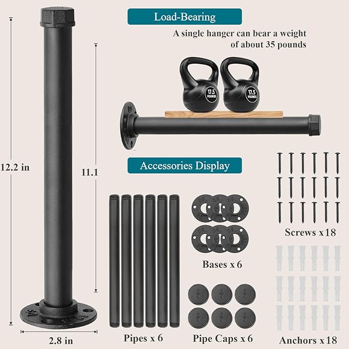 Cast Iron Wall Mounted Clothes Rack, Heavy Duty Industrial Pipe Clothing Rack for Hanging Clothes, Garment Racks for Wardrobe