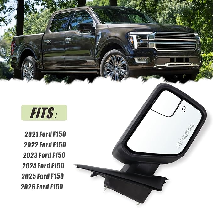 Right Passenger Side Door Mirror Compatible With 2021 2022 2023 2024 2025 2026 Ford F150 With Power Glass Manual Folding Heated Temperature Sensors Matte Black Replace#ML3Z17682UA(7 Pins)